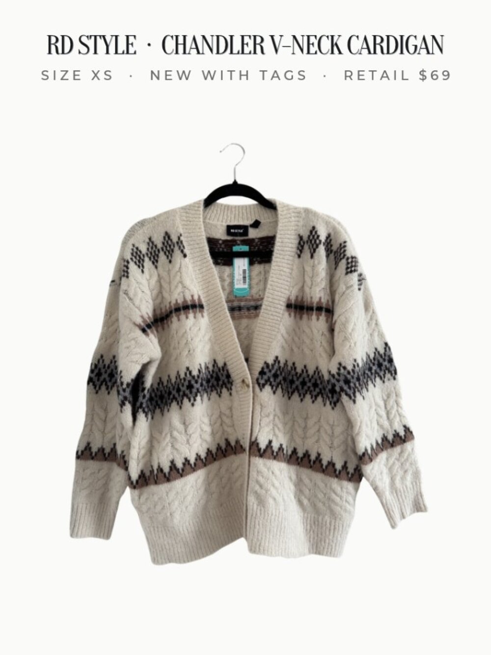 RD Style Chandler Fair Isle Cable Knit V-Neck Cardigan Sweater NWT XS